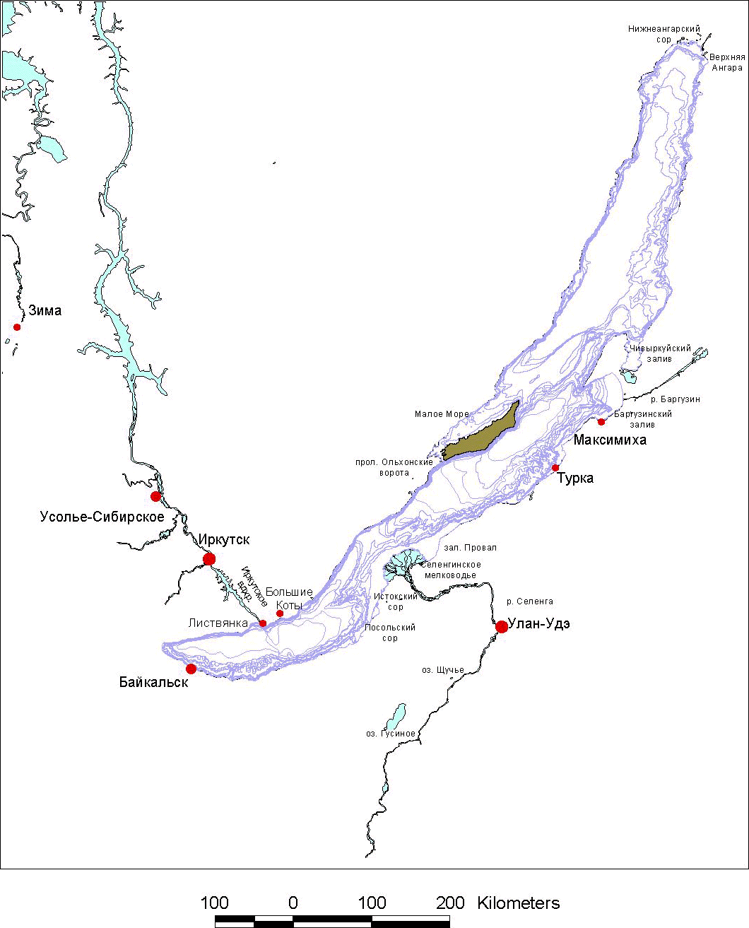 Озеро Байкал на контурной карте